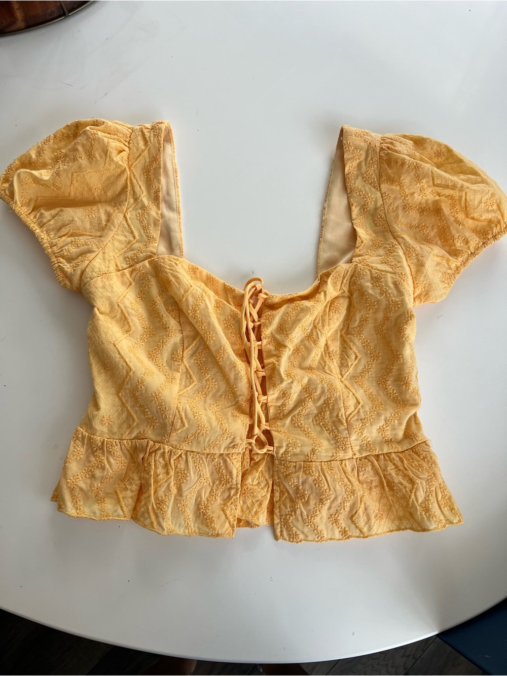 Yellow cottage core Lace-Up Peplum Crop Top - Women